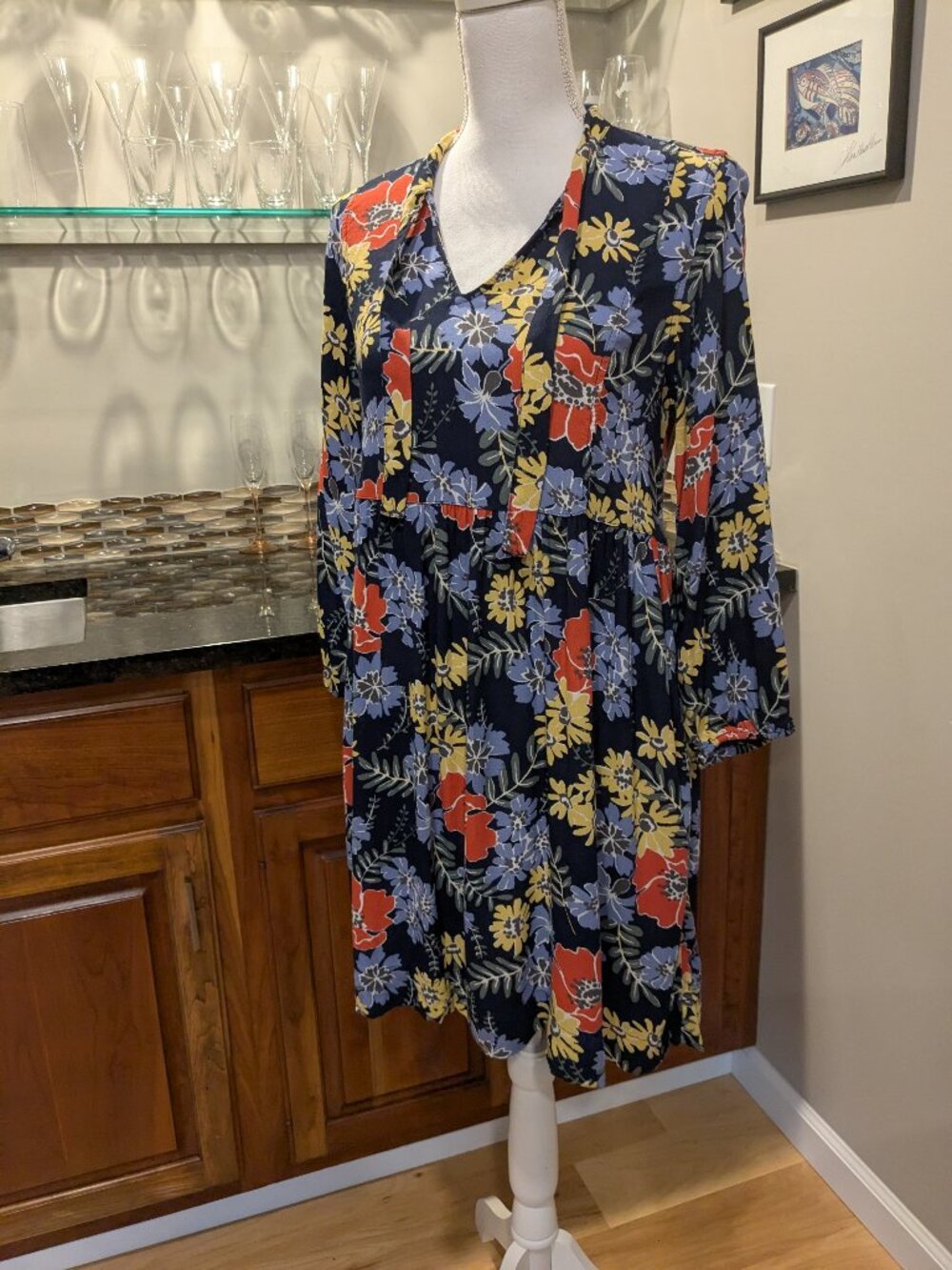 Cool Comfortable Flowy Floral Feminine Dress with Long Sleeves and Tie Neck